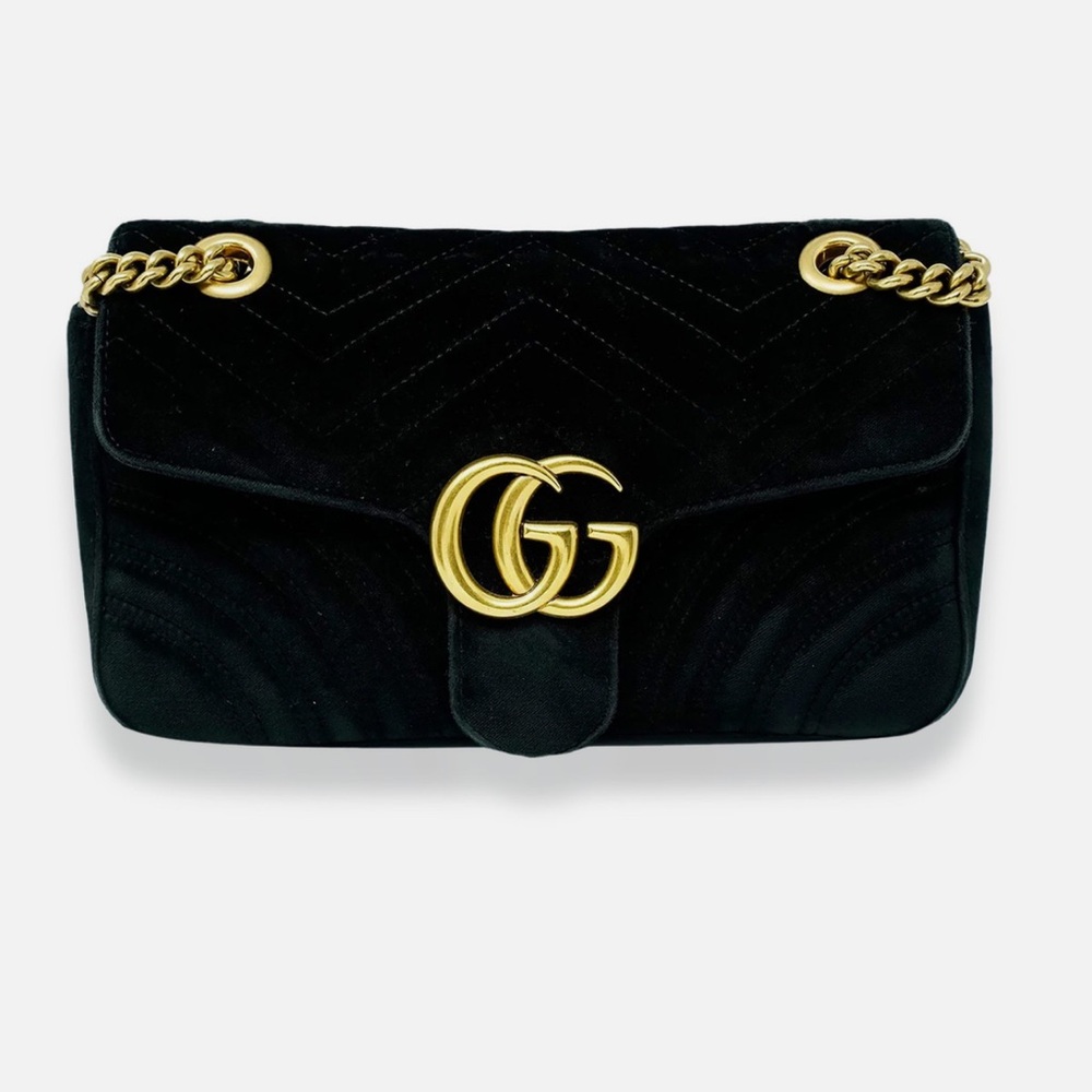 Gucci Black Matelassé Velvet Small Marmont Shoulder Bag